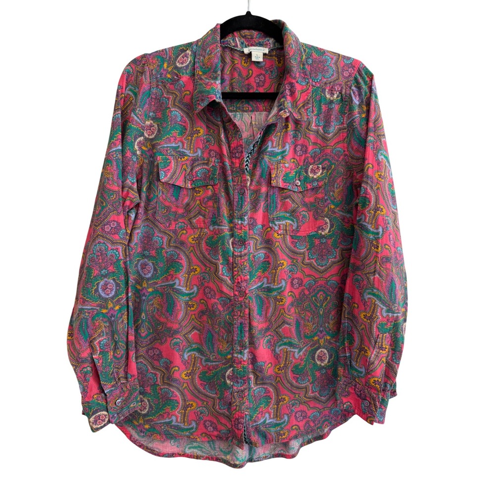 Sundance Paisley Button Down Shirt Womens L Pink Cotton Roll Tab Sleeve Boho - Picture 8 of 10